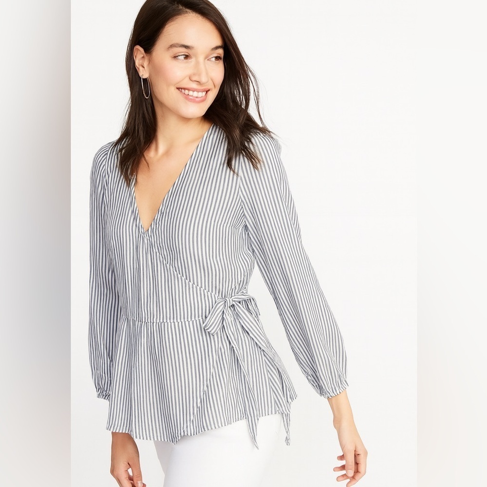 LOFT Blue White Striped Wrap Blouse Size XS